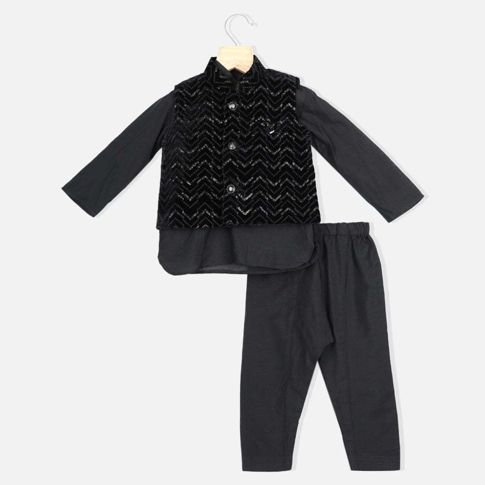Black Velvet Sequins Embroidered Nehru Jacket With Kurta & Pajama