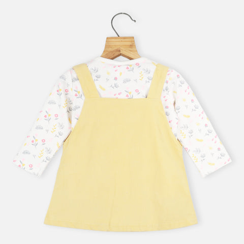 Yellow Bunny Embroidered Corduroy Dungaree Dress With Full Sleeves White Top