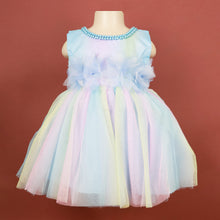 Load image into Gallery viewer, Flower &amp; Pearl Embellished Net Party Dress- Blue &amp; Pink
