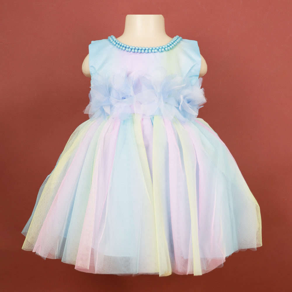 Flower & Pearl Embellished Net Party Dress- Blue & Pink