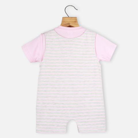 Grey Bunny Embroidered Dungaree Romper With Pink T-Shirt
