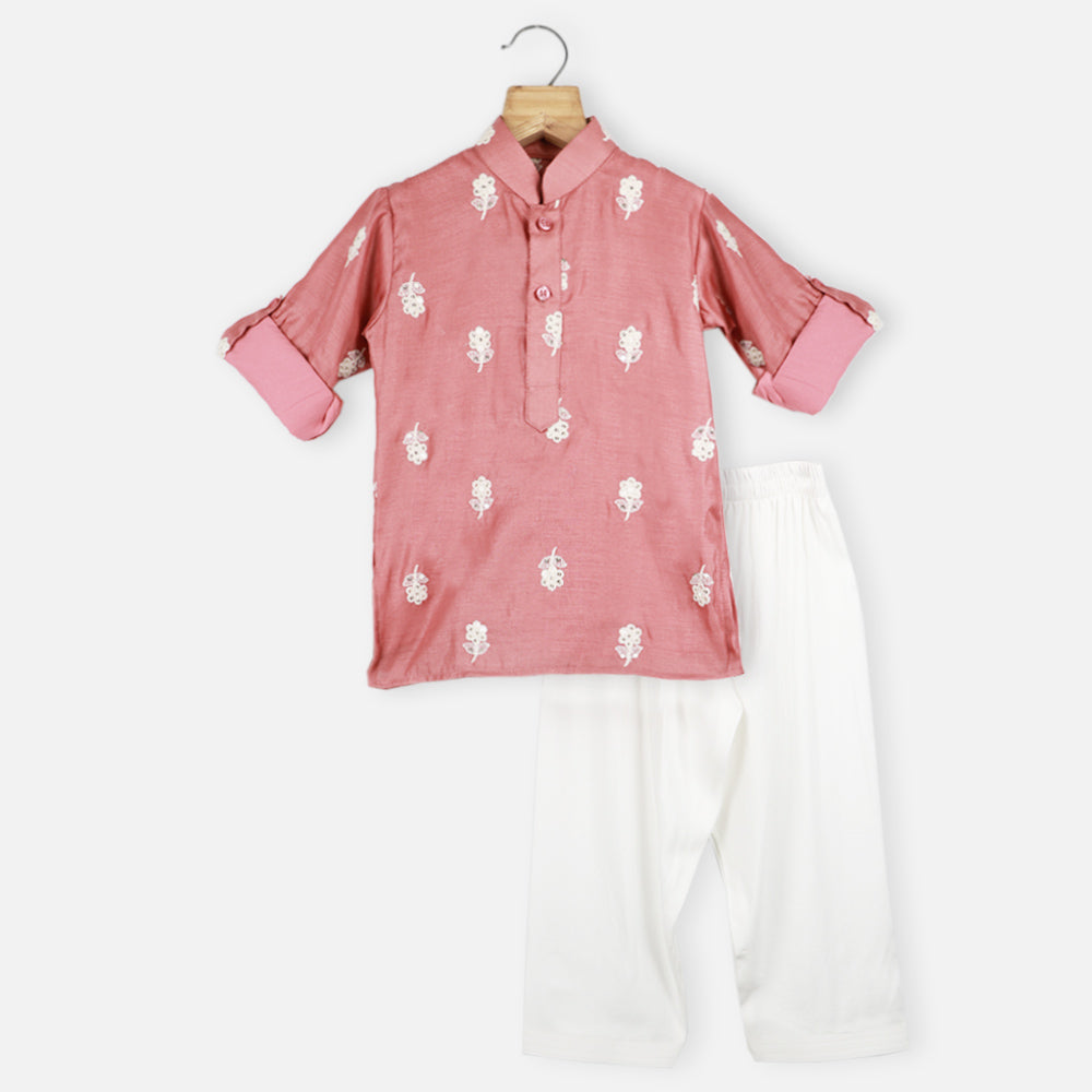 Blush Pink Embroidered Kurta With White Pajama