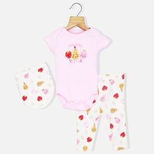 Load image into Gallery viewer, Pink Fruit Embroidered Short Sleeves Onesie With White Legging &amp; Bib

