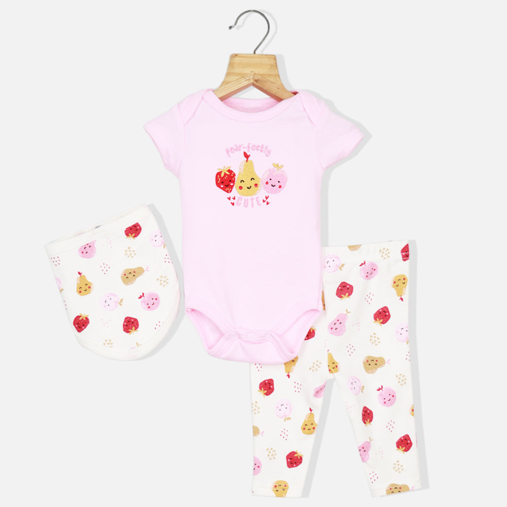 Pink Fruit Embroidered Short Sleeves Onesie With White Legging & Bib