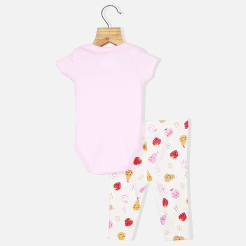 Pink Fruit Embroidered Short Sleeves Onesie With White Legging & Bib