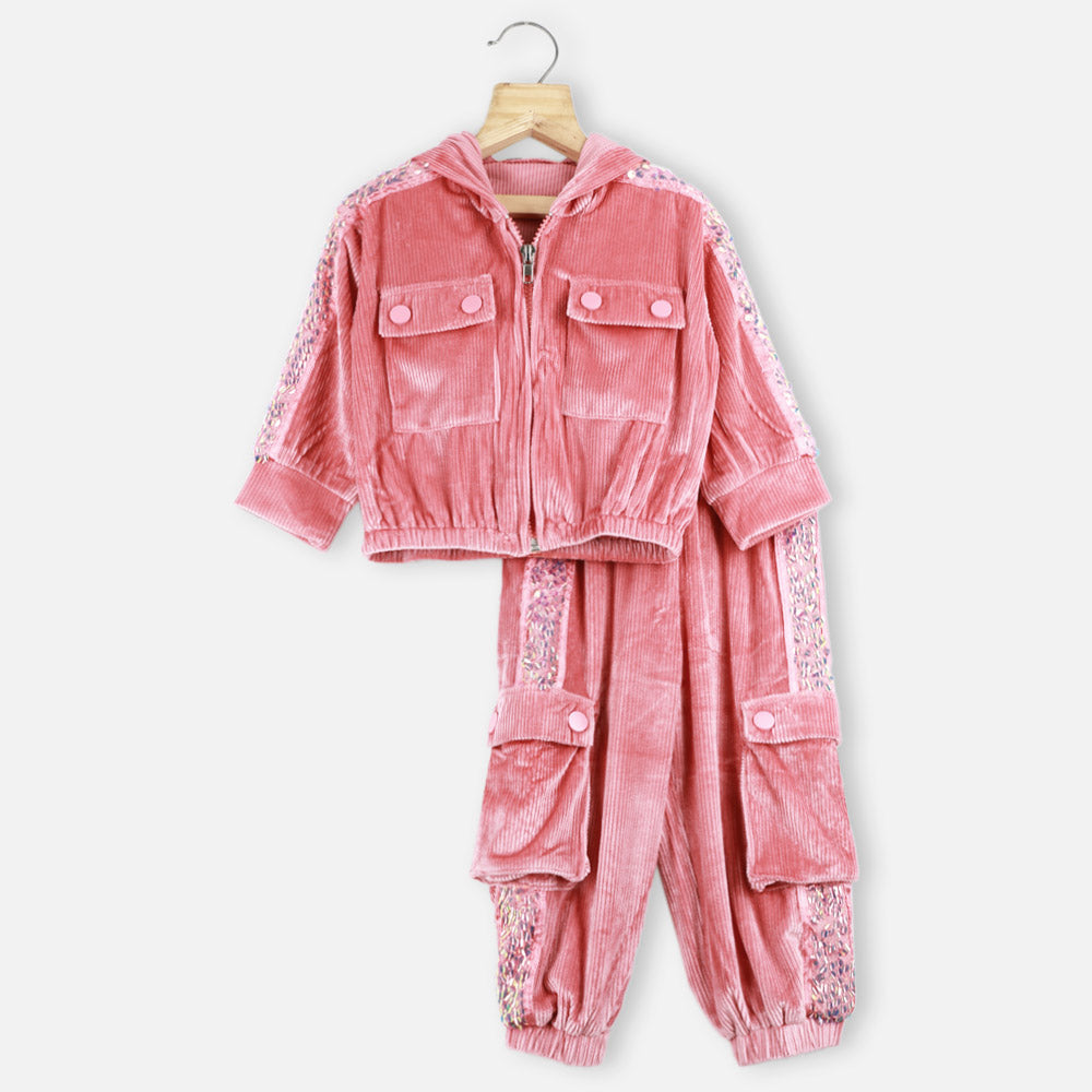 Pink Sequins Embellished Zip-Up Hoodies With Joggers Co-Ord Set