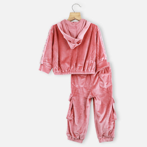 Pink Sequins Embellished Zip-Up Hoodies With Joggers Co-Ord Set