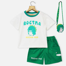 Load image into Gallery viewer, White Half Sleeves T-Shirt With Green Shorts &amp; Shoulder Bag
