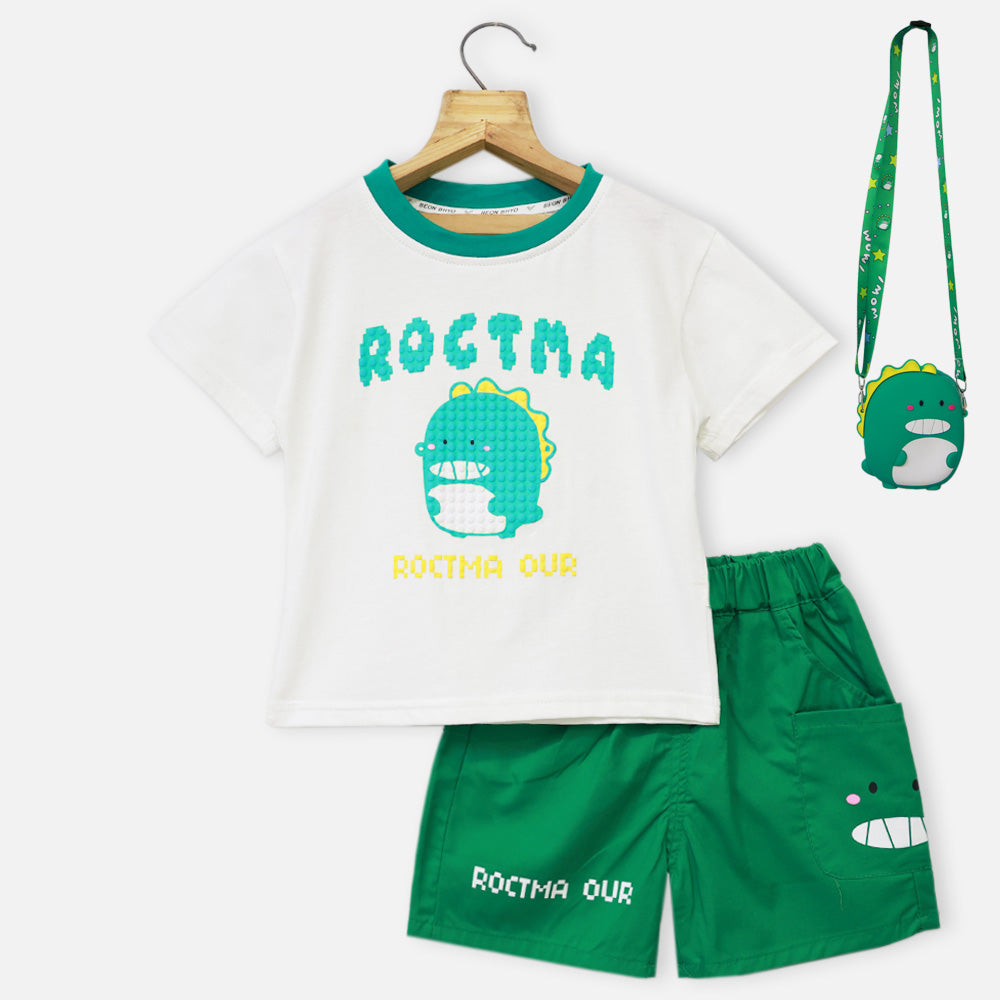 White Half Sleeves T-Shirt With Green Shorts & Shoulder Bag