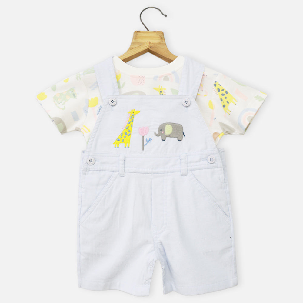 Blue Embroidered Corduroy Dungaree With White T-Shirt