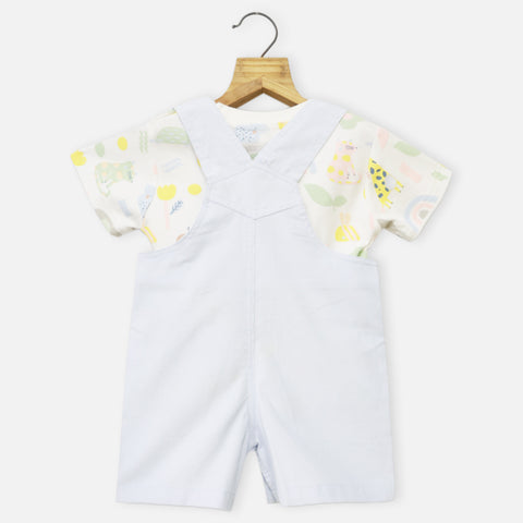 Blue Embroidered Corduroy Dungaree With White T-Shirt