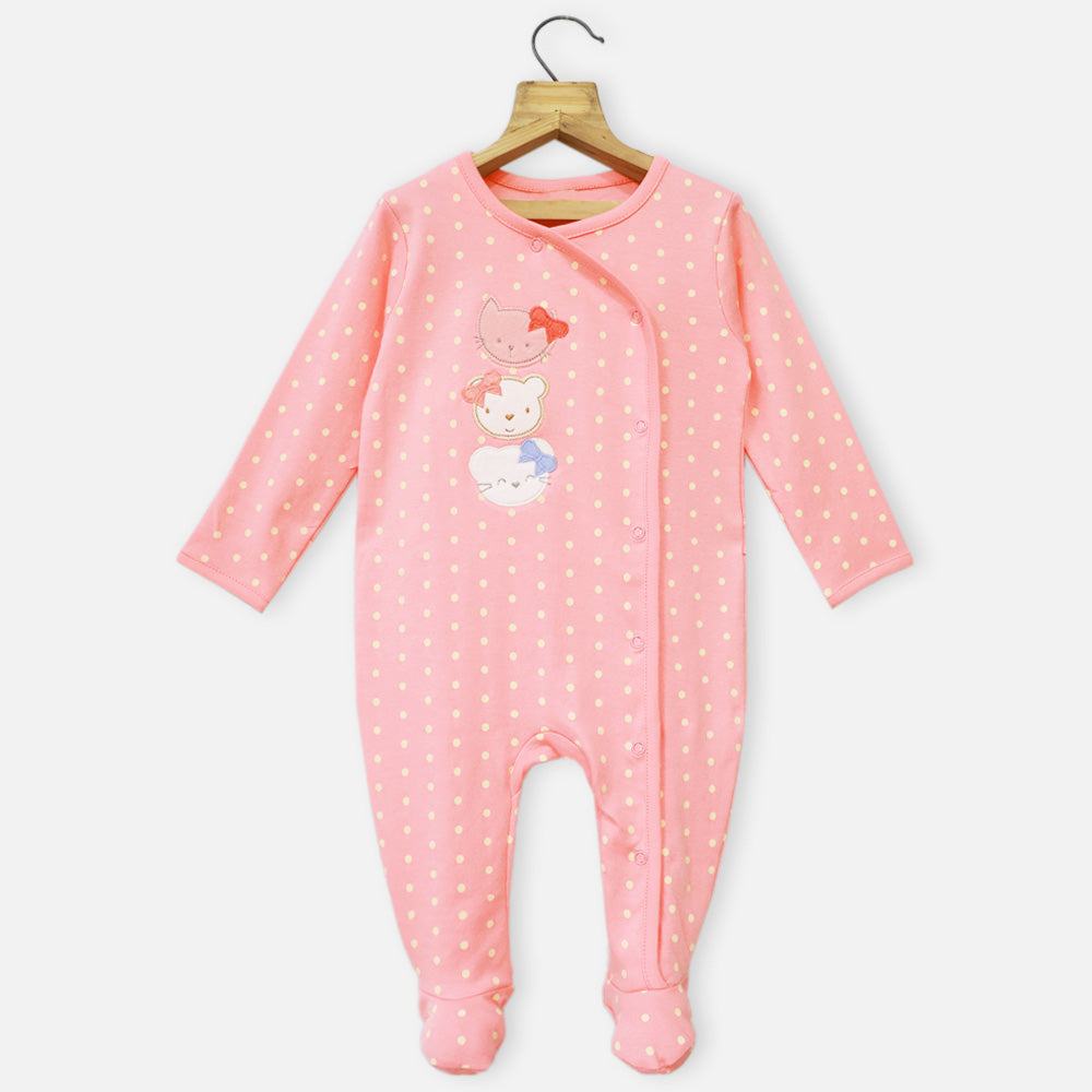 Pink Polka Dots Full Sleeves Footsie With Folded Mittens