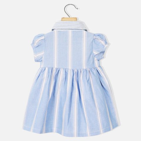 Blue Striped Short Sleeves Ruffled Detail Dress