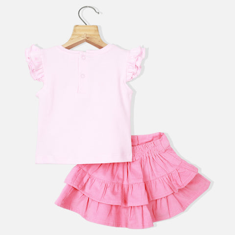 Pink Embroidered Frill Sleeves Top With Corduroy Skirt