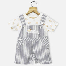 Load image into Gallery viewer, White Striped Dungaree With Bear Theme T-Shirt
