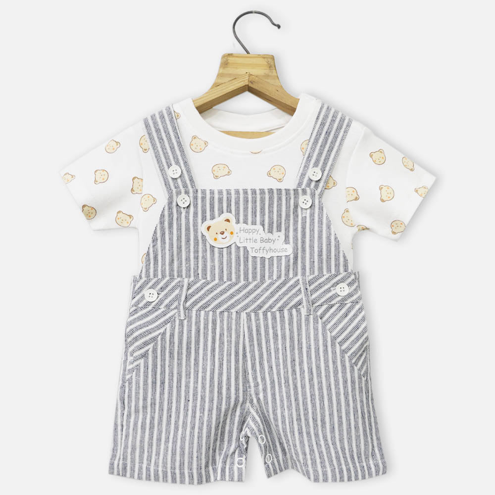 White Striped Dungaree With Bear Theme T-Shirt