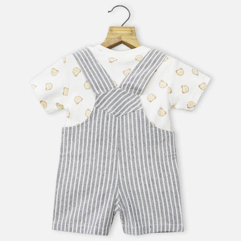 White Striped Dungaree With Bear Theme T-Shirt