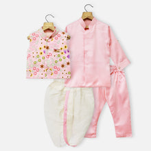 Load image into Gallery viewer, Pink Kurta With Floral Embroidered Nehru Jacket, Dhoti &amp; Pajama
