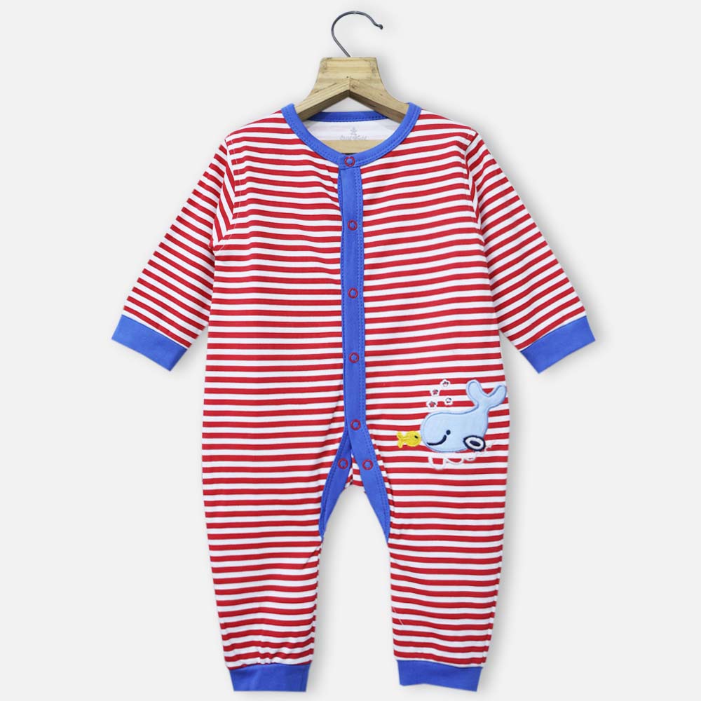 Red & Blue Striped Full Sleeves Romper