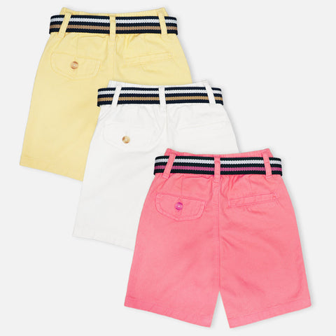 Cotton Shorts With Belt- White,Coral, & Yellow