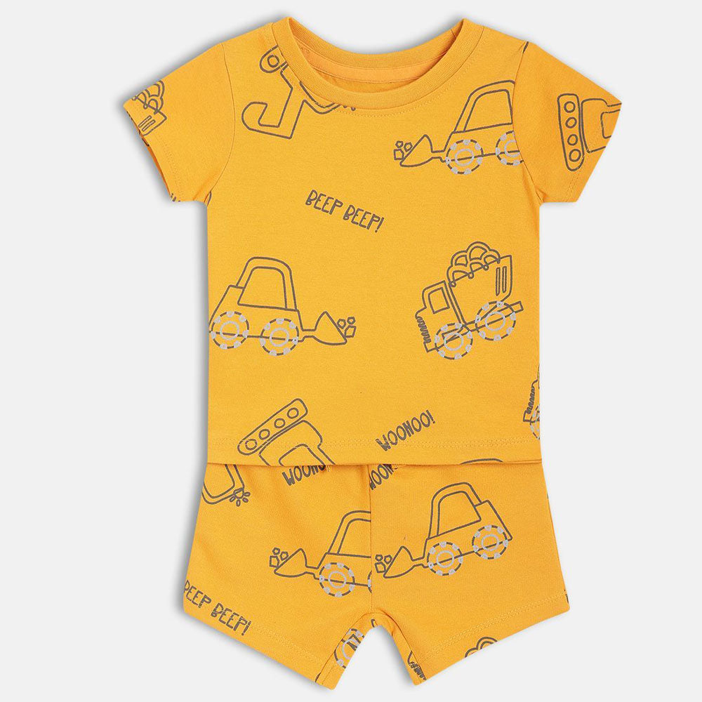 Yellow Printed Round Neck T-shirt With Shorts