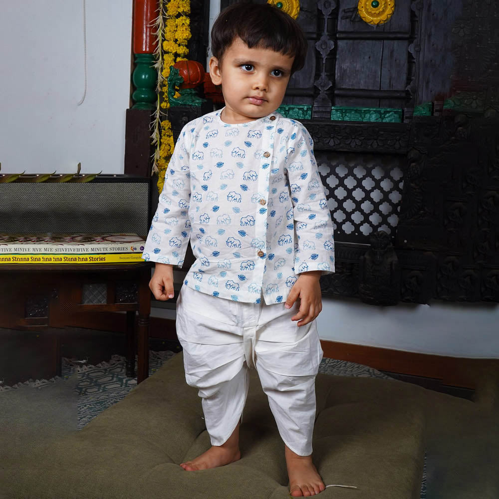 White Elephant Theme Angrakha Cotton Kurta With Dhoti