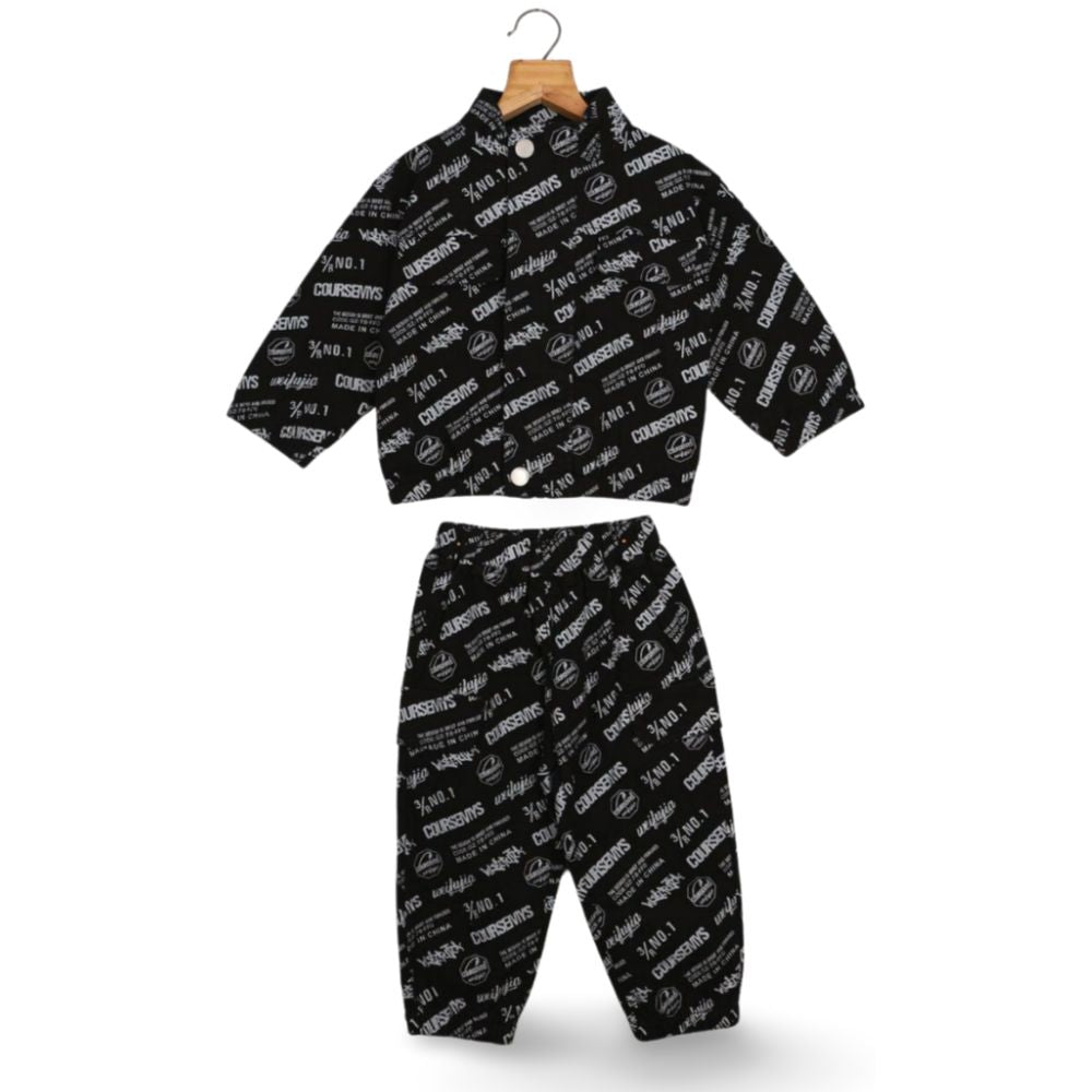 Black Typographic Printed Zip-Up Jacket With Joggers Co-Ord Set