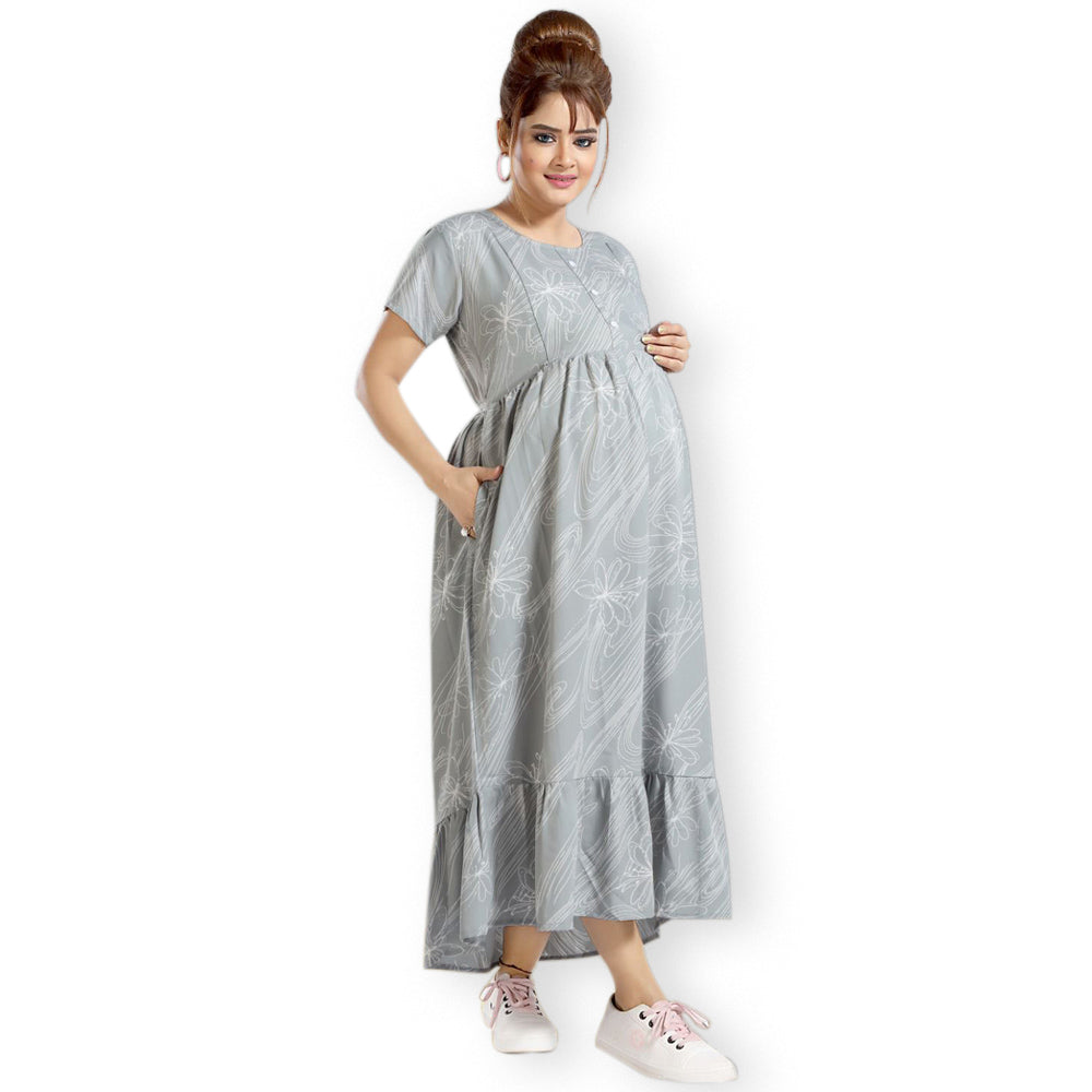 Grey Floral Printed Nursing Maternity Half Sleeves Dress