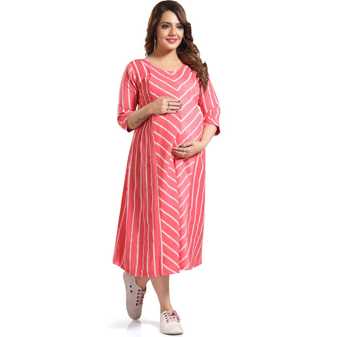 Pink & Grey Striped Printed Nursing Maternity Dress