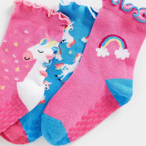 Pink Unicorn Theme Sock With Ruffle Edge-Pack Of 3