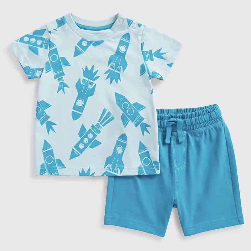 Blue Rocket Theme Half Sleeves T-Shirt With Shorts