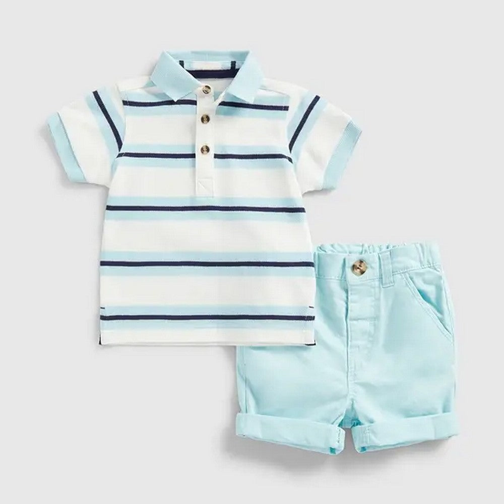 White Striped Printed Polo T-Shirt With Blue Shorts