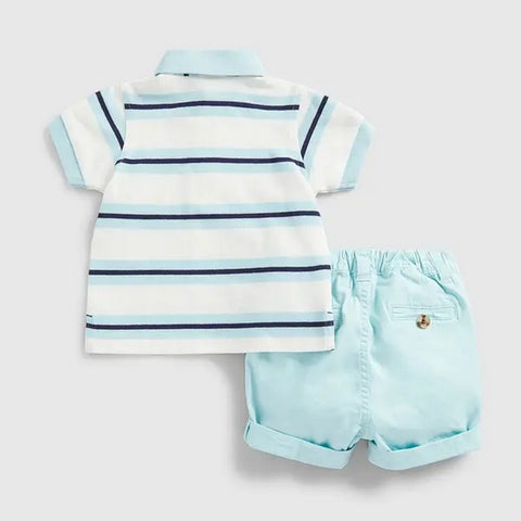White Striped Printed Polo T-Shirt With Blue Shorts