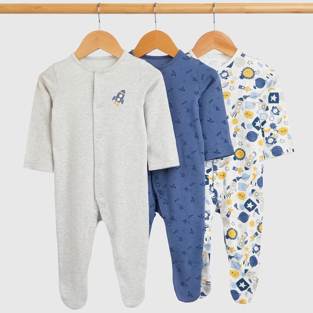 Essentials Space Theme Cotton Long Sleeves Footsie - Pack Of 3