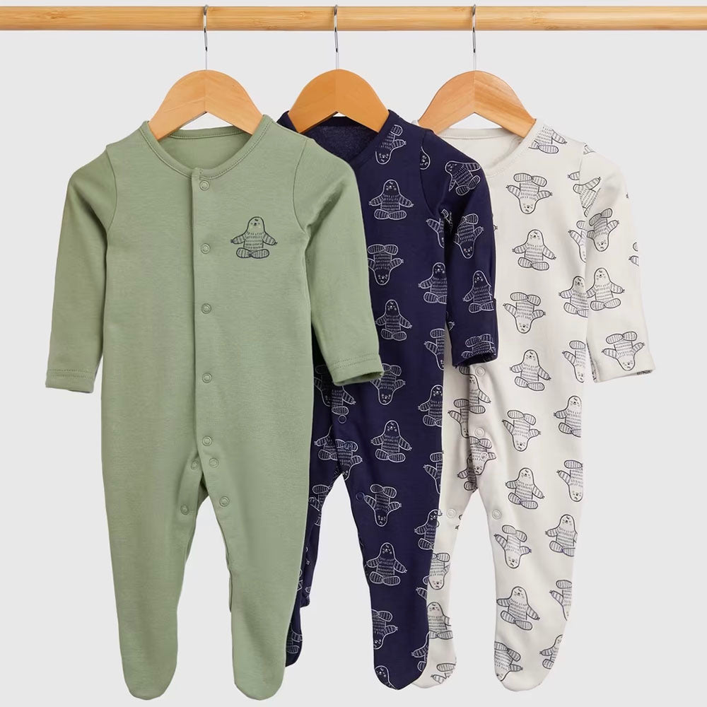 Essentials Yoga Sloth Cotton Long Sleeves Footsie - Pack Of 3