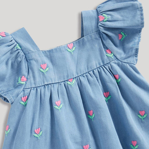 Denim Floral Embroidered Printed Half Sleeves Dress