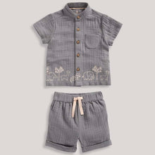 Load image into Gallery viewer, Grey Embroidered Cotton Half Sleeves Shirt With Shorts
