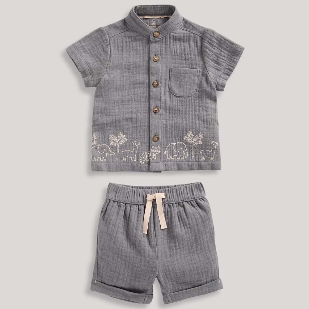 Grey Embroidered Cotton Half Sleeves Shirt With Shorts