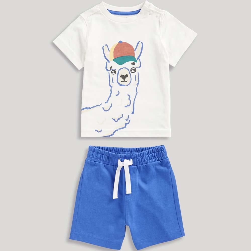 White Llama Printed Half Sleeves T-Shirt With Blue Shorts