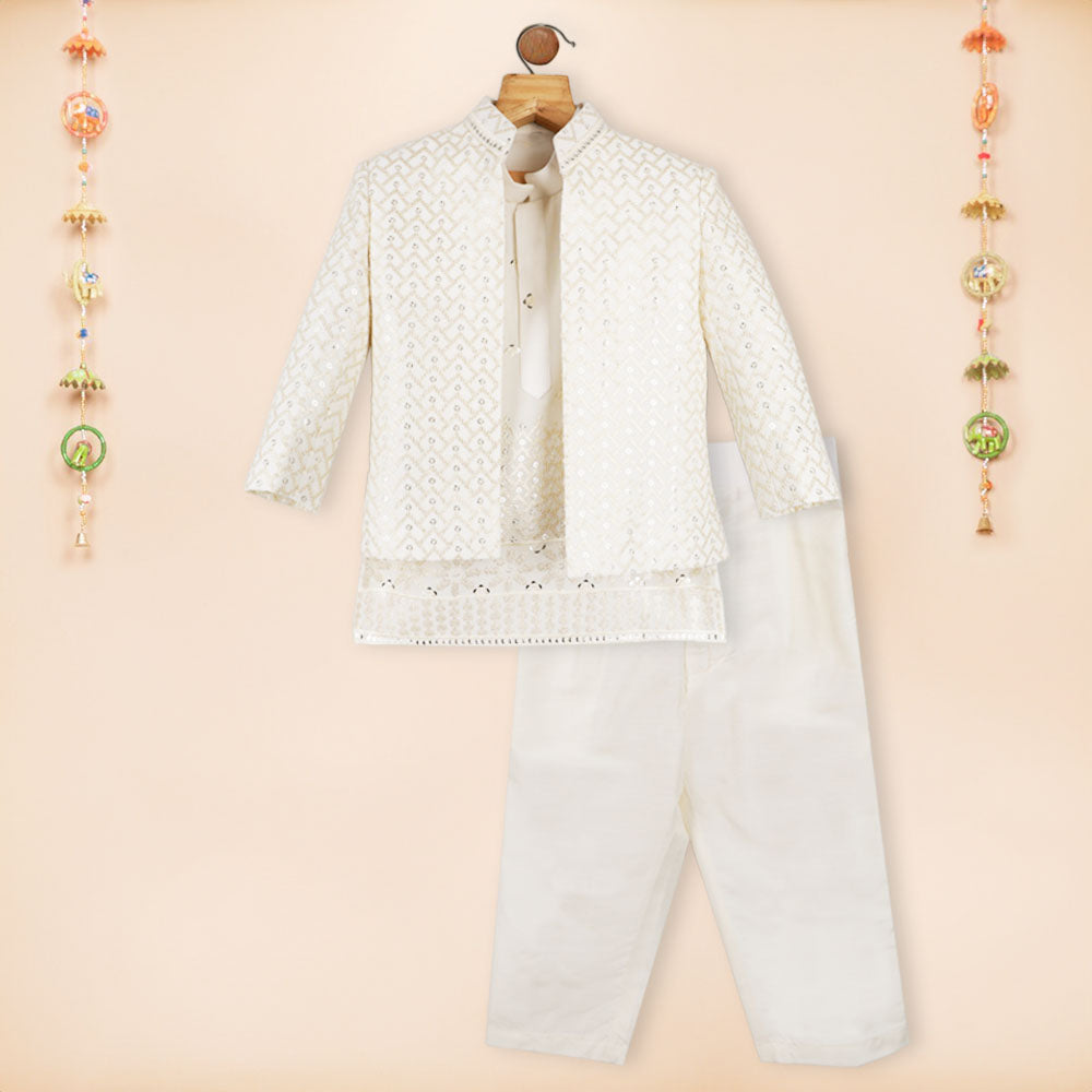 Ivory Sequins Embroidered Jacket With Kurta & Pant