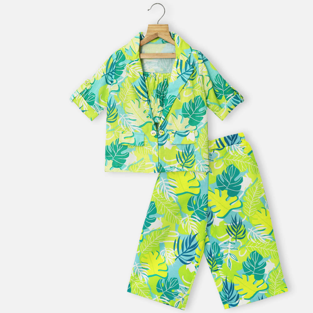 Green Tropical Shug With Smocked Crop Top & Wide Leg Pants Co-Ord Set