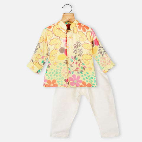 Yellow Floral Printed Kurta With Nehru Jacket, Dhoti & Pajama