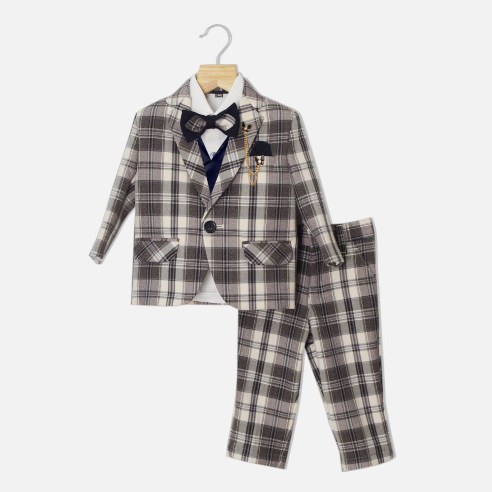 Beige & Brown Tartan Checked Suit Set