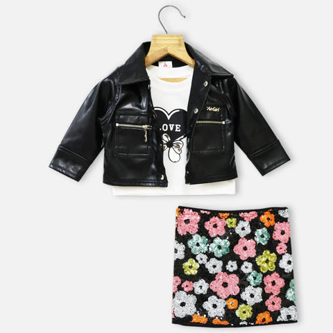 Peach & Black Leather Jacket With Crop Top & Sequins Skirt