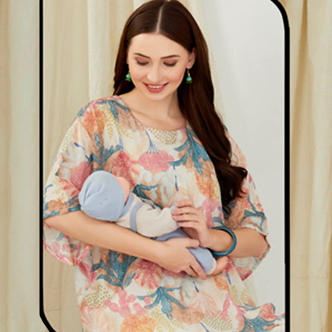 Beige Tropical Nursing Maternity Tunic With Inner And Pant Set