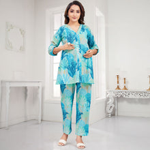 Load image into Gallery viewer, Blue Tropical Printed Nursing Maternity Co-Ord Cotton Set
