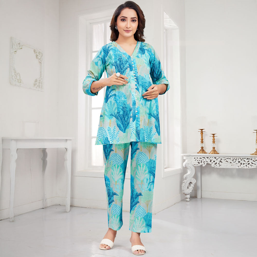 Blue Tropical Printed Nursing Maternity Co-Ord Cotton Set