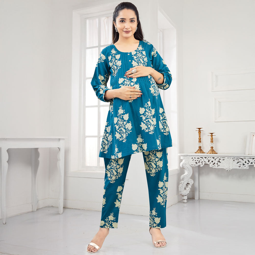 Blue & Yellow Floral Printed Nursing Maternity Co-Ord Set