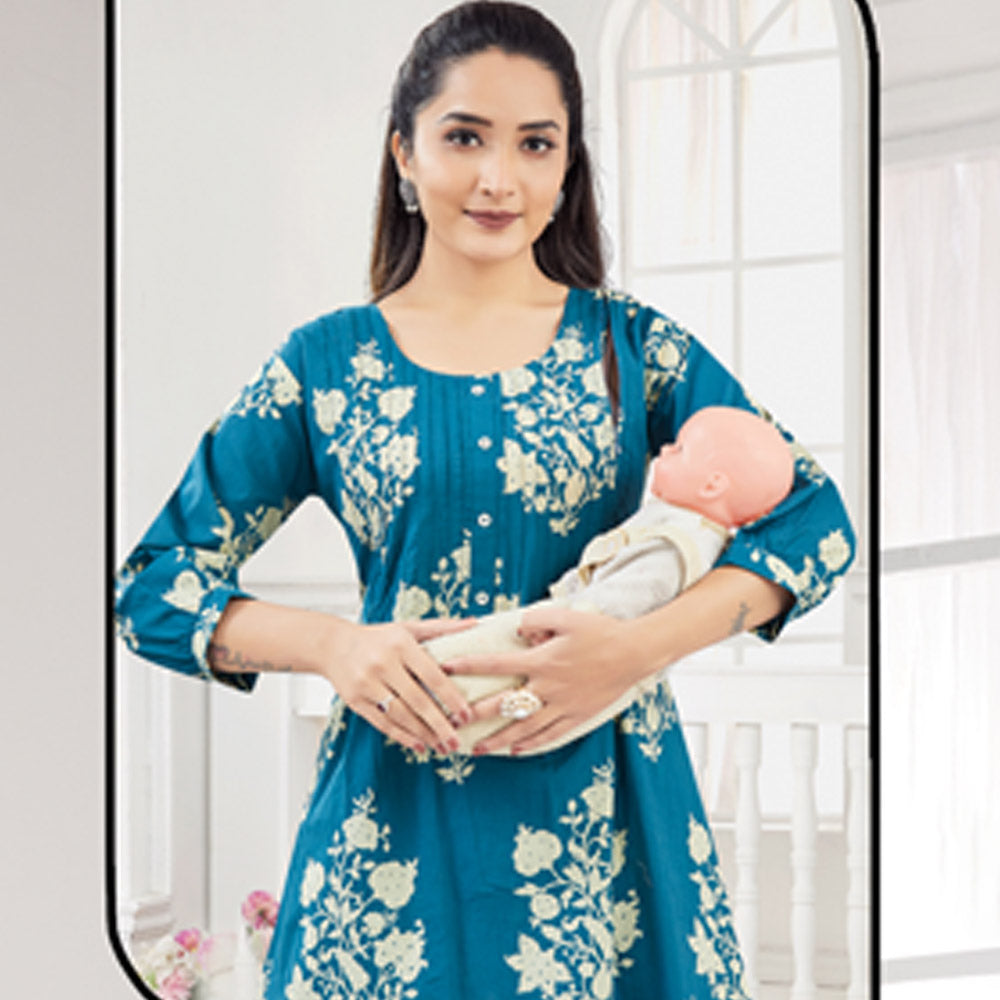 Blue & Yellow Floral Printed Nursing Maternity Co-Ord Set