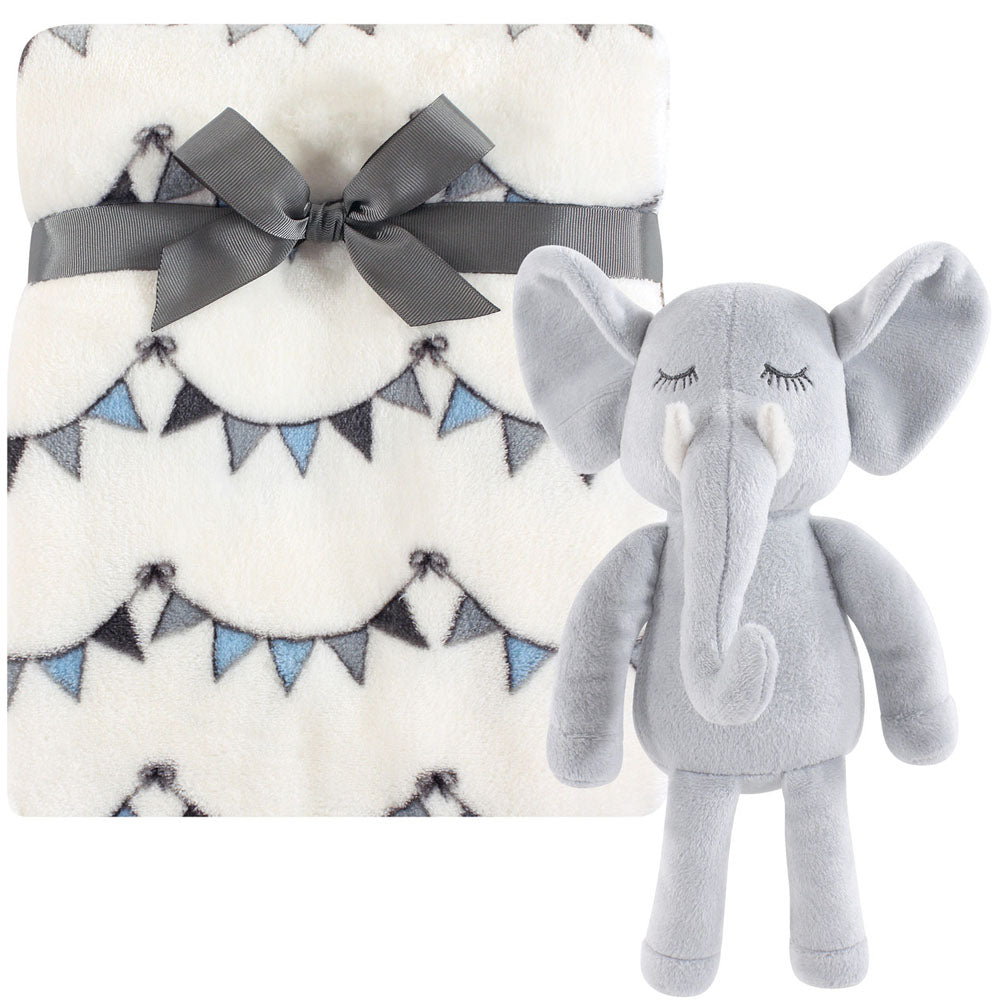 White Bunting Theme Blanket With Elephant Soft Toy